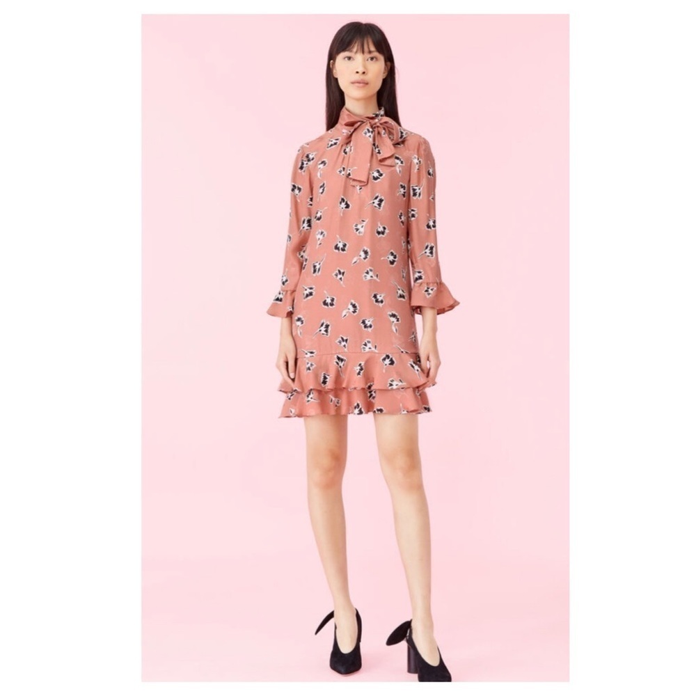 Rebecca Taylor Ikat Paintbrush Silk Ruffle Dress Pink Black Floral Cutout